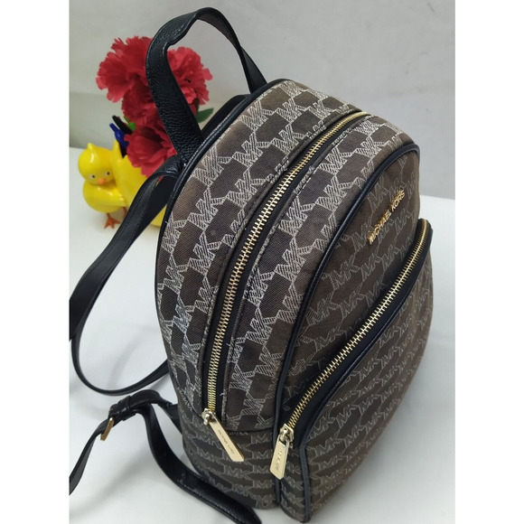 Michael Kors Brown Canvas Leather Trim MK Printed Top Zipper Closure Backpack - Picture 7 of 16